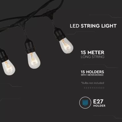 Udendørs lyskæde STRING 15m 15xE27/25W/230V IP54