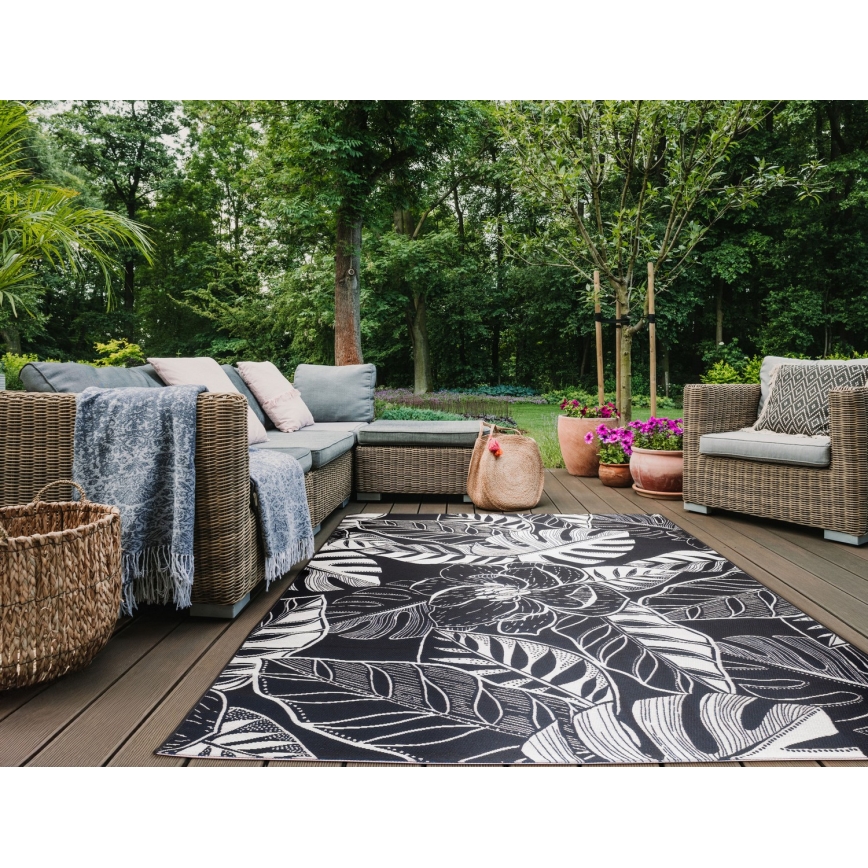 Udendørs tæppe JUNGLE 160x220 cm sort/hvid med bladmønster