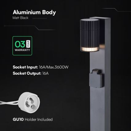 Udendørslampe med SCHUKO-stik, 1 x GU10 (10 W), 230 V, IP44, 80 cm, sort