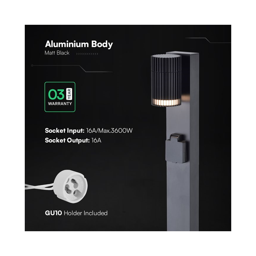 Udendørslampe med SCHUKO-stik, 1 x GU10 (10 W), 230 V, IP44, 80 cm, sort