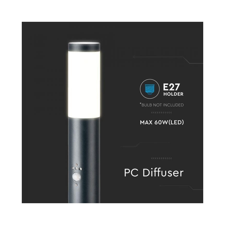 Udendørslampe med sensor 1xE27/60W/230V IP44 80 cm antracitgrå
