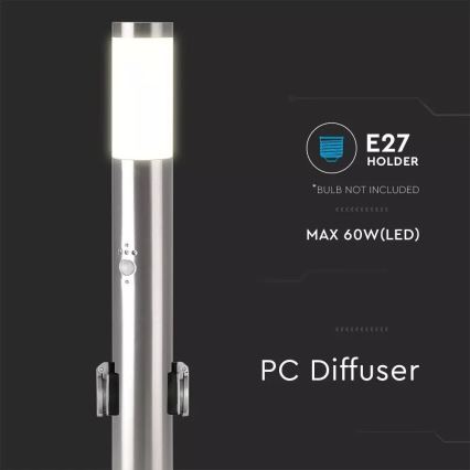 Udendørslampe med sensor + 2 stik SCHUKO 1xE27/60W/230V IP44 60cm mat krom