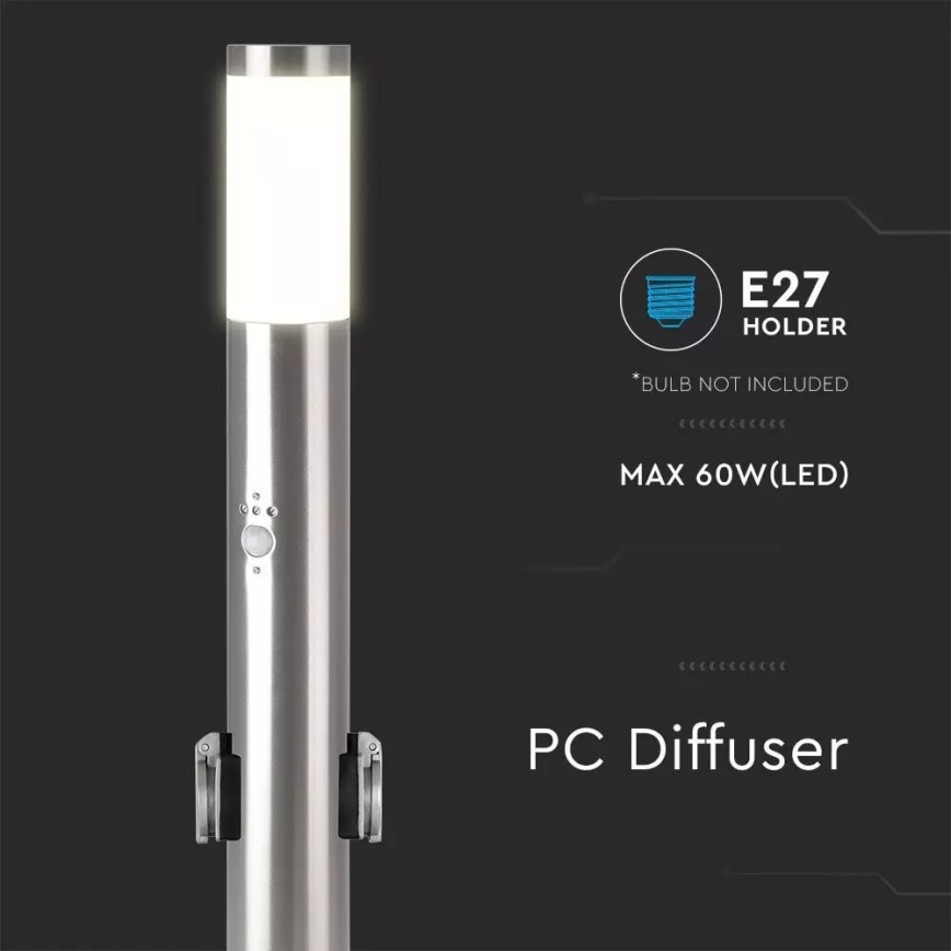 Udendørslampe med sensor + 2 stik SCHUKO 1xE27/60W/230V IP44 60cm mat krom