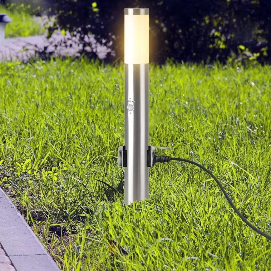 Udendørslampe med sensor + 2 stik SCHUKO 1xE27/60W/230V IP44 60cm mat krom