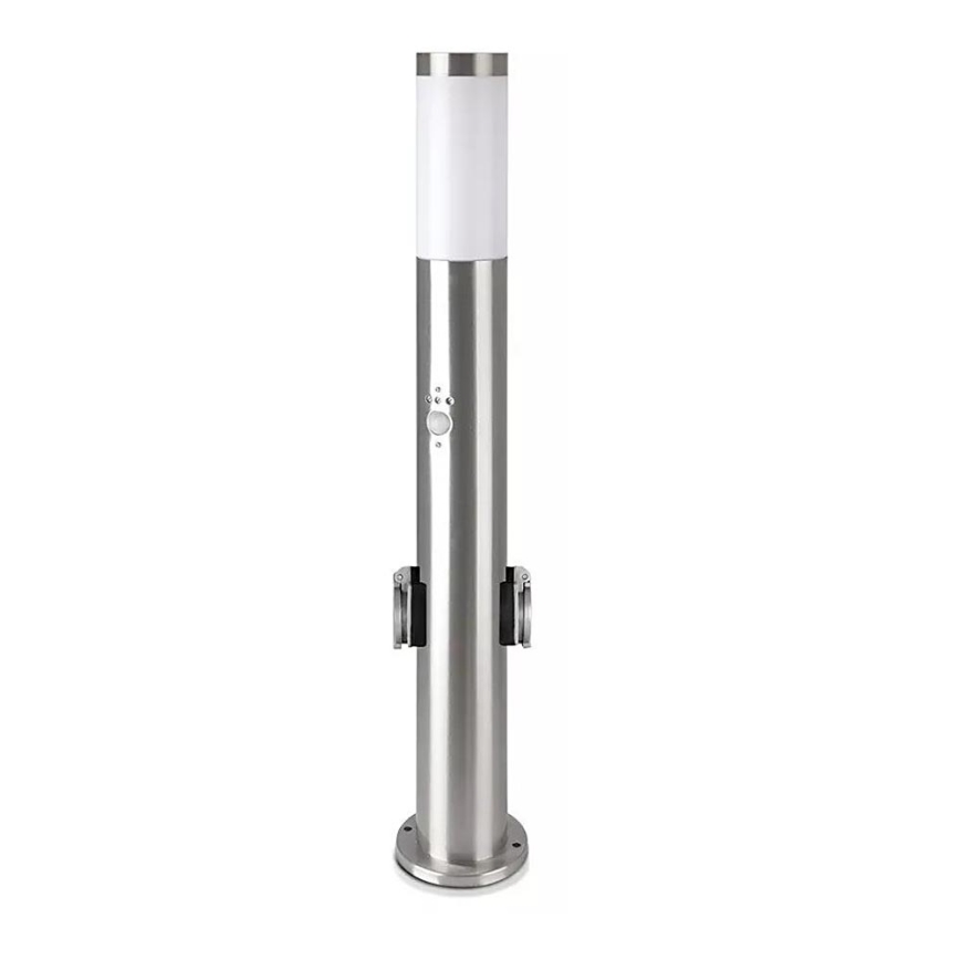 Udendørslampe med sensor + 2 stik SCHUKO 1xE27/60W/230V IP44 60cm mat krom