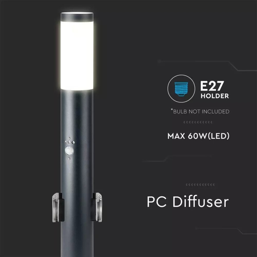 Udendørslampe med sensor og 2 stik SCHUKO 1xE27/60W/230V IP44 60cm antracit
