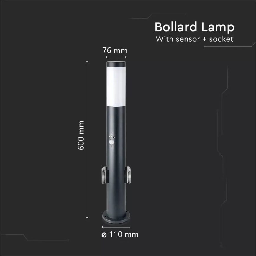 Udendørslampe med sensor og 2 stik SCHUKO 1xE27/60W/230V IP44 60cm antracit