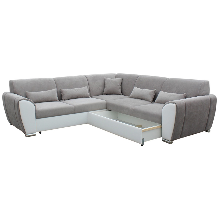 Udtrækbar L-formet hjørnesofa med opbevaring VISEU, højrevendt, grå/hvid