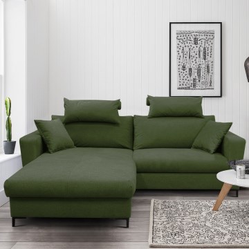 Udtrækbar L-formet hjørnesofa med opbevaringsplads HORTA, venstrevendt, grøn
