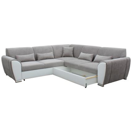 Udtrækbar L-formet hjørnesofa med opbevaringsplads VISEU, højrevendt, grå/hvid