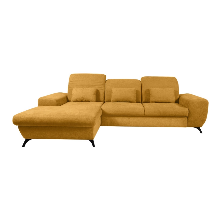 Udtrækbar polstret L-formet hjørnesofa med opbevaringsrum ALTA, venstrevendt, gul