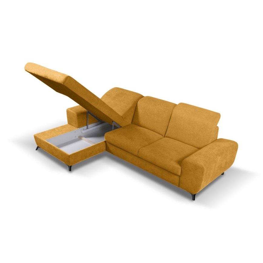 Udtrækbar polstret L-formet hjørnesofa med opbevaringsrum ALTA, venstrevendt, gul