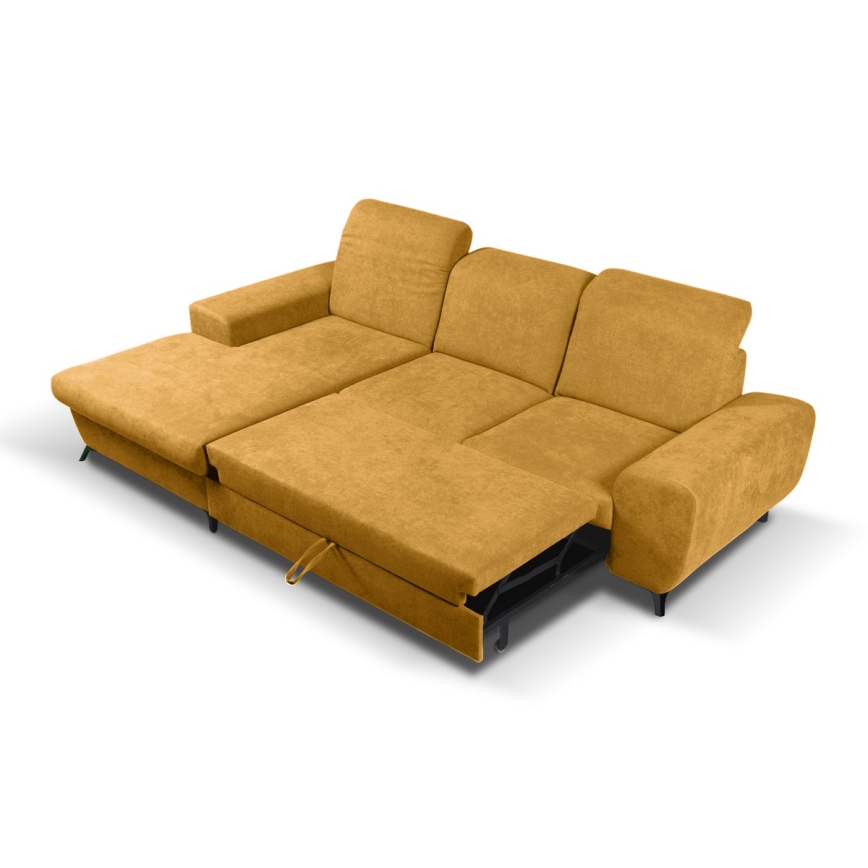 Udtrækbar polstret L-formet hjørnesofa med opbevaringsrum ALTA, venstrevendt, gul