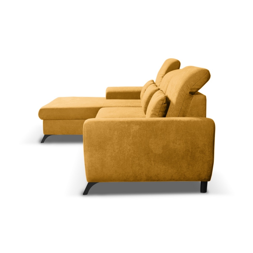 Udtrækbar polstret L-formet hjørnesofa med opbevaringsrum ALTA, venstrevendt, gul