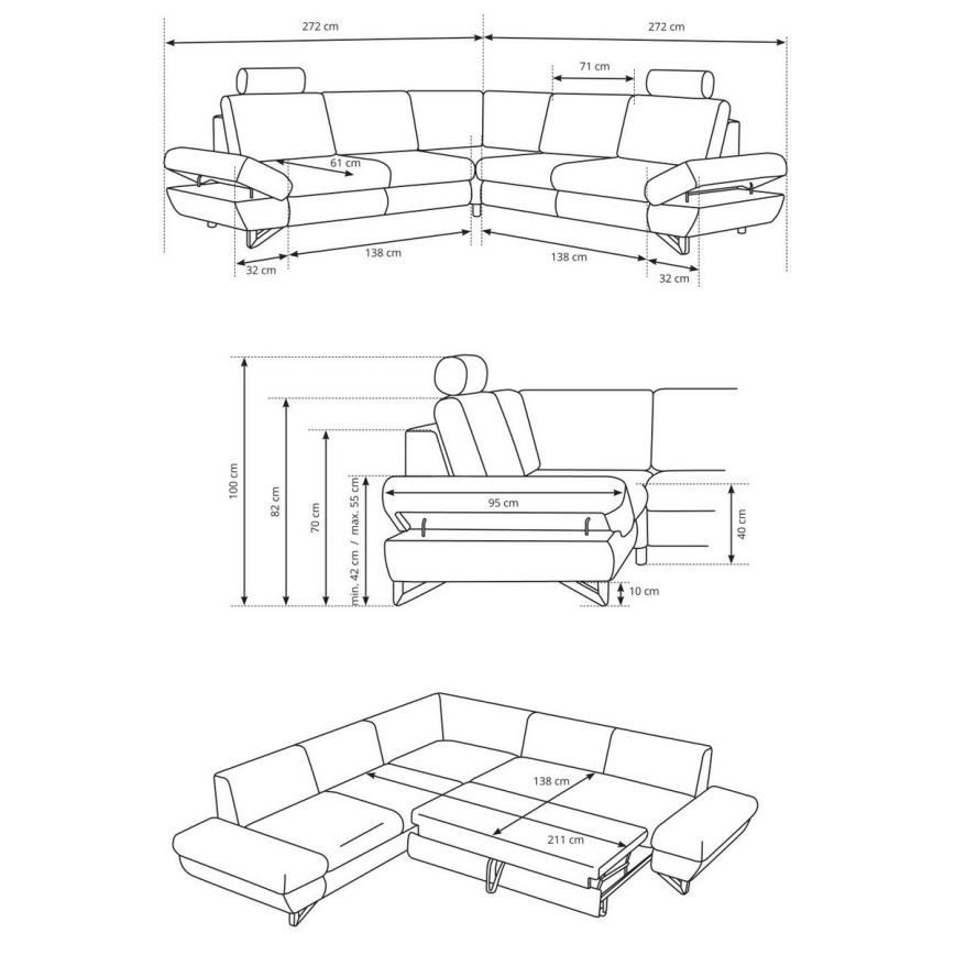 Udtrækbar polstret hjørnesofa i L-form med opbevaringsrum AVESTA antracit