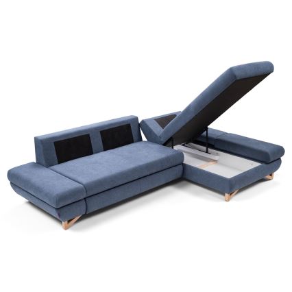 Højrevendt L-formet polstret hjørnesofa AVESTA med sovefunktion og opbevaringsrum, blå