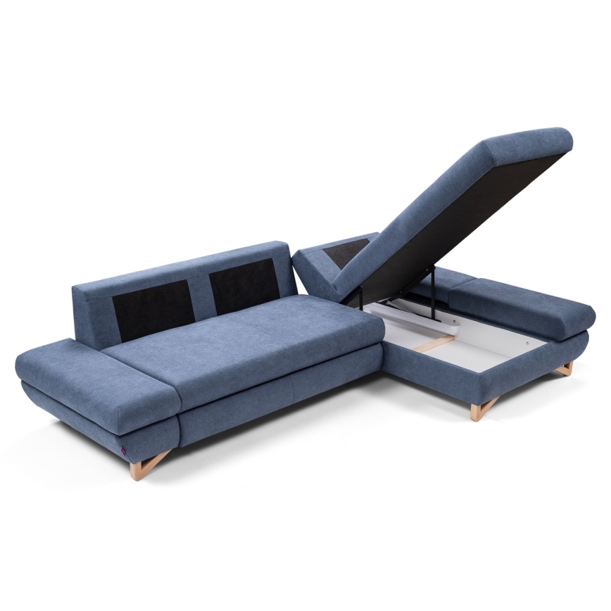 Højrevendt L-formet polstret hjørnesofa AVESTA med sovefunktion og opbevaringsrum, blå