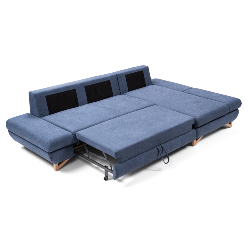 Højrevendt L-formet polstret hjørnesofa AVESTA med sovefunktion og opbevaringsrum, blå