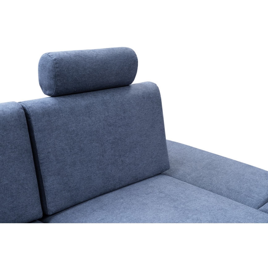 Højrevendt L-formet polstret hjørnesofa AVESTA med sovefunktion og opbevaringsrum, blå