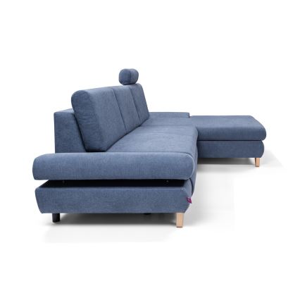 Højrevendt L-formet polstret hjørnesofa AVESTA med sovefunktion og opbevaringsrum, blå