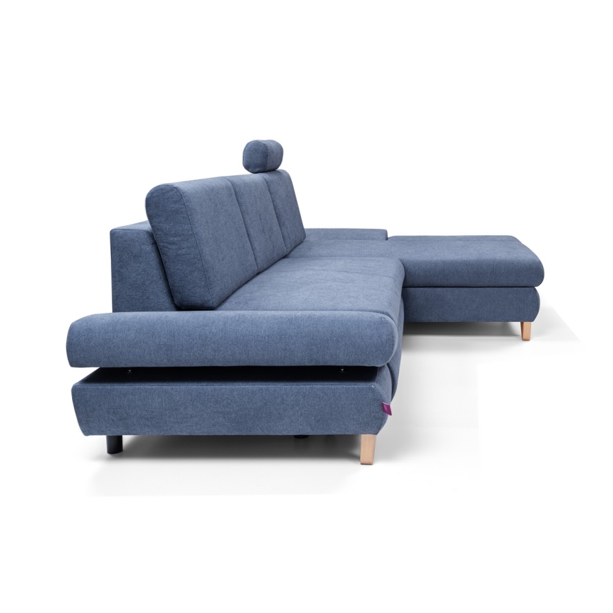 Højrevendt L-formet polstret hjørnesofa AVESTA med sovefunktion og opbevaringsrum, blå