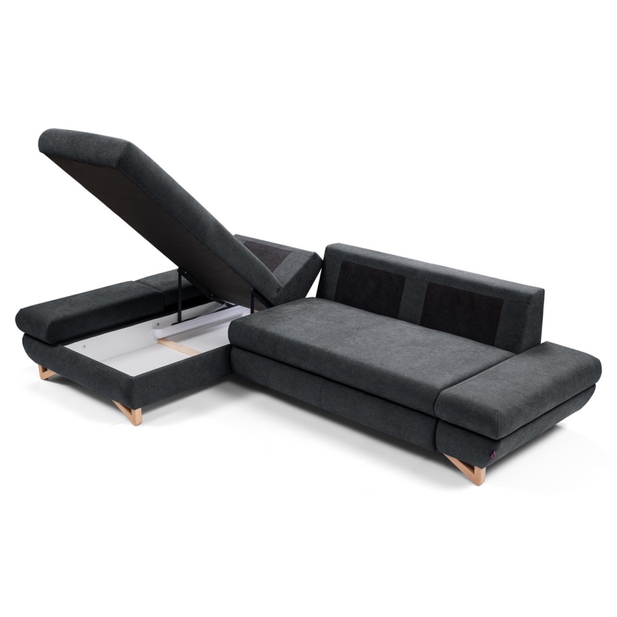 Polstret L-formet hjørnesofa med sovefunktion og opbevaringsplads AVESTA, venstrevendt, antracit