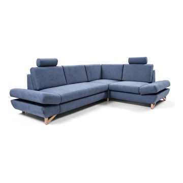 Udtrækbar polstret hjørnesofa med opbevaringsrum i L-form AVESTA højrevendt blå