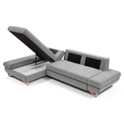 Udtrækbar polstret L-formet hjørnesofa med opbevaringsplads AVESTA venstrevendt grå