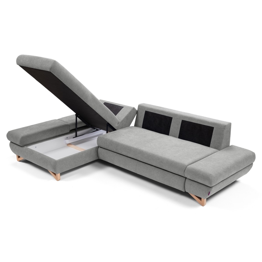 Udtrækbar polstret L-formet hjørnesofa med opbevaringsplads AVESTA venstrevendt grå