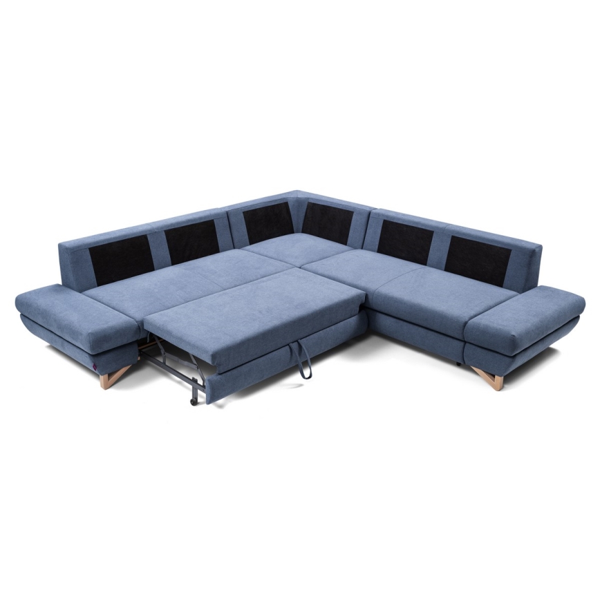 AVESTA L-formet højrevendt polstret hjørnesofa med sovefunktion og opbevaringsrum, blå