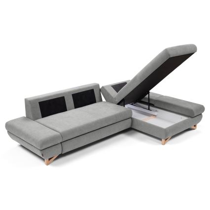 Udtrækbar polstret hjørnesofa med opbevaring i L-form AVESTA højrevendt grå