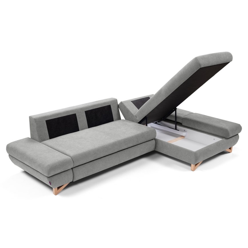 Udtrækbar polstret hjørnesofa med opbevaring i L-form AVESTA højrevendt grå