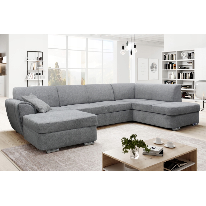 Udtrækbar U-formet højrevendt hjørnesofa med opbevaringsplads SERPA, grå