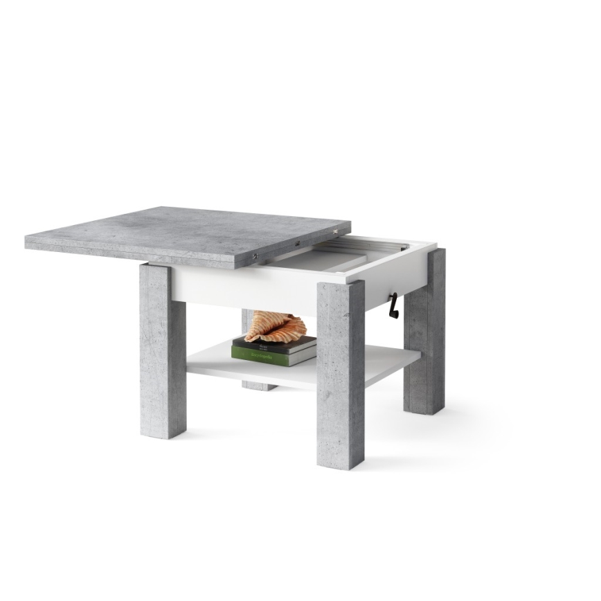 Udtrækkeligt sofabord/spisebord med hæveplade CALEB grå beton/hvid