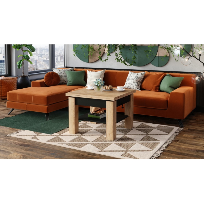 Udtrækkeligt sofabord med løftbar bordplade CALEB 75/150x75 cm egetræ craft/sort