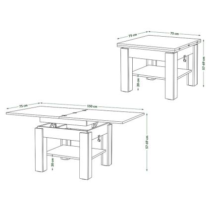 Udtrækkeligt sofabord med løftbar bordplade CALEB 75/150x75 cm egetræ craft/sort