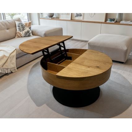 Udtrækkeligt sofabord med løftbar bordplade PURE Ø 80 cm eg/sort