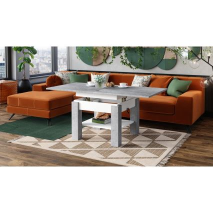 Udtrækkeligt sofabord/spisebord med løftbar bordplade CALEB, betongrå/hvid