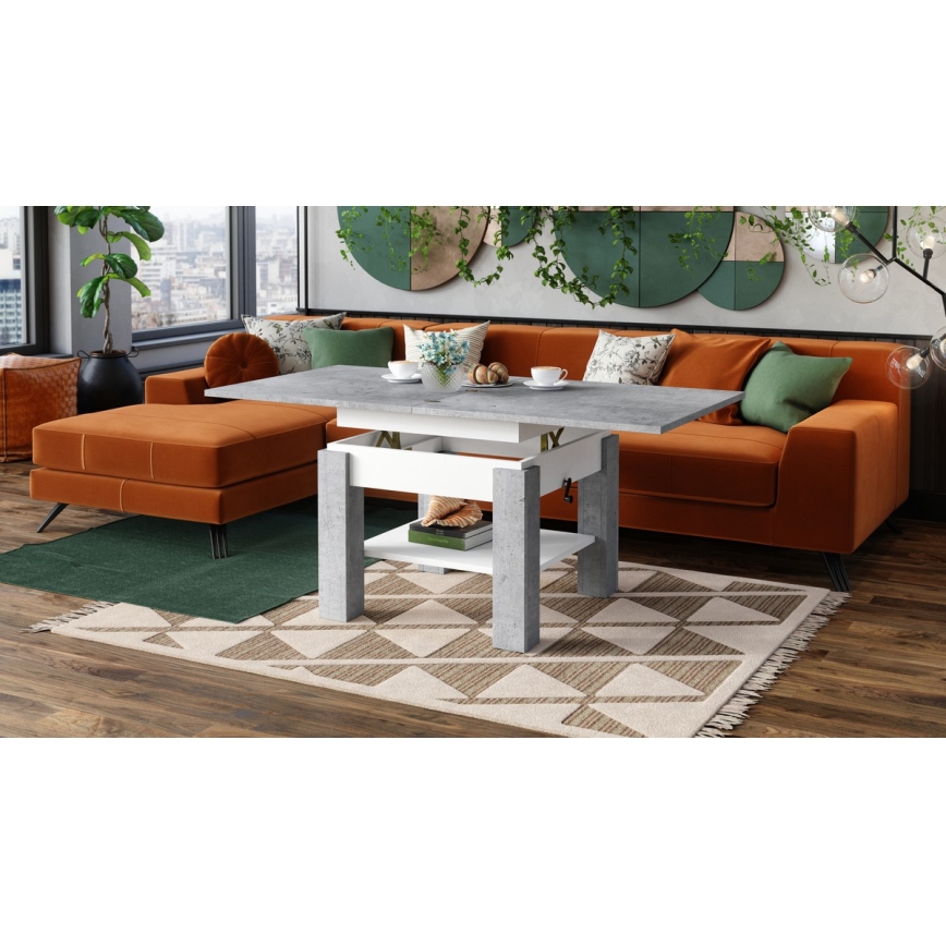 Udtrækkeligt sofabord/spisebord med løftbar bordplade CALEB, betongrå/hvid