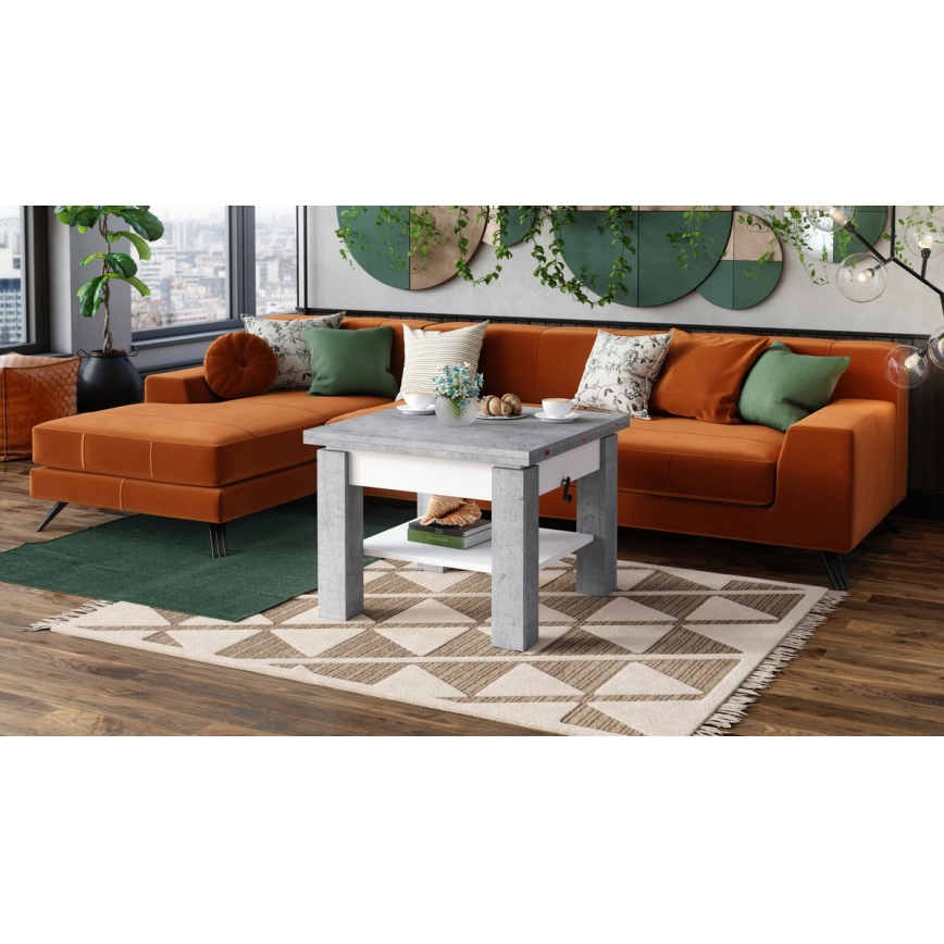 Udtrækkeligt sofabord/spisebord med løftbar bordplade CALEB, betongrå/hvid