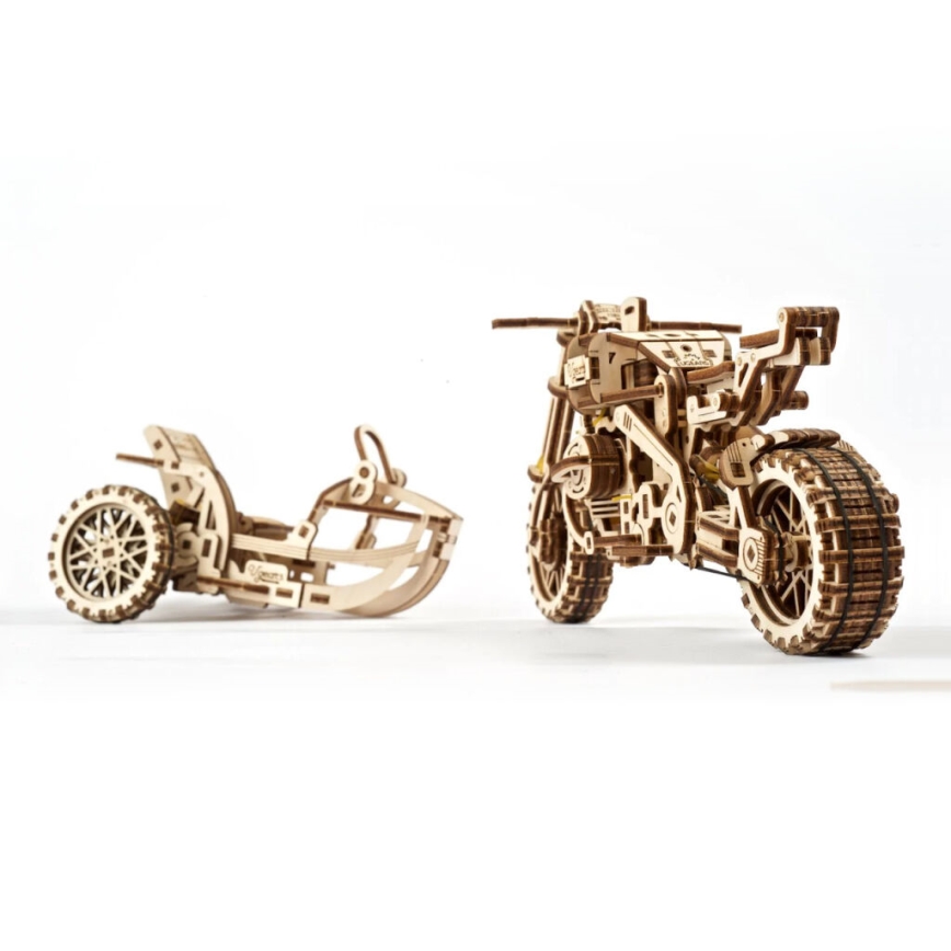 Ugears - 3D 3D-puslespil i træ Scrambler motorcycle med vogn