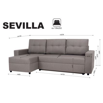 Universalt hjørnesofa med sovefunktion og opbevaringsplads SEVILLA grå
