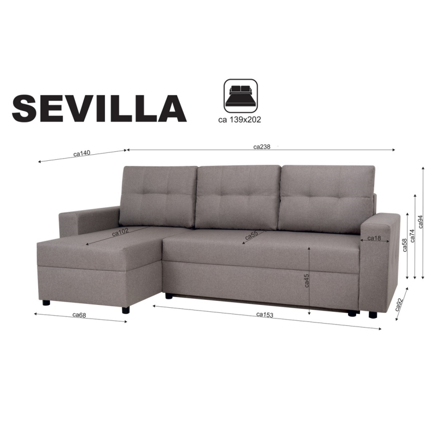 Universalt hjørnesofa med sovefunktion og opbevaringsplads SEVILLA grå