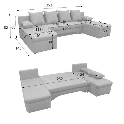 Universal hjørnesofa med sovefunktion og opbevaringsplads i U-form ALMEIDA grå