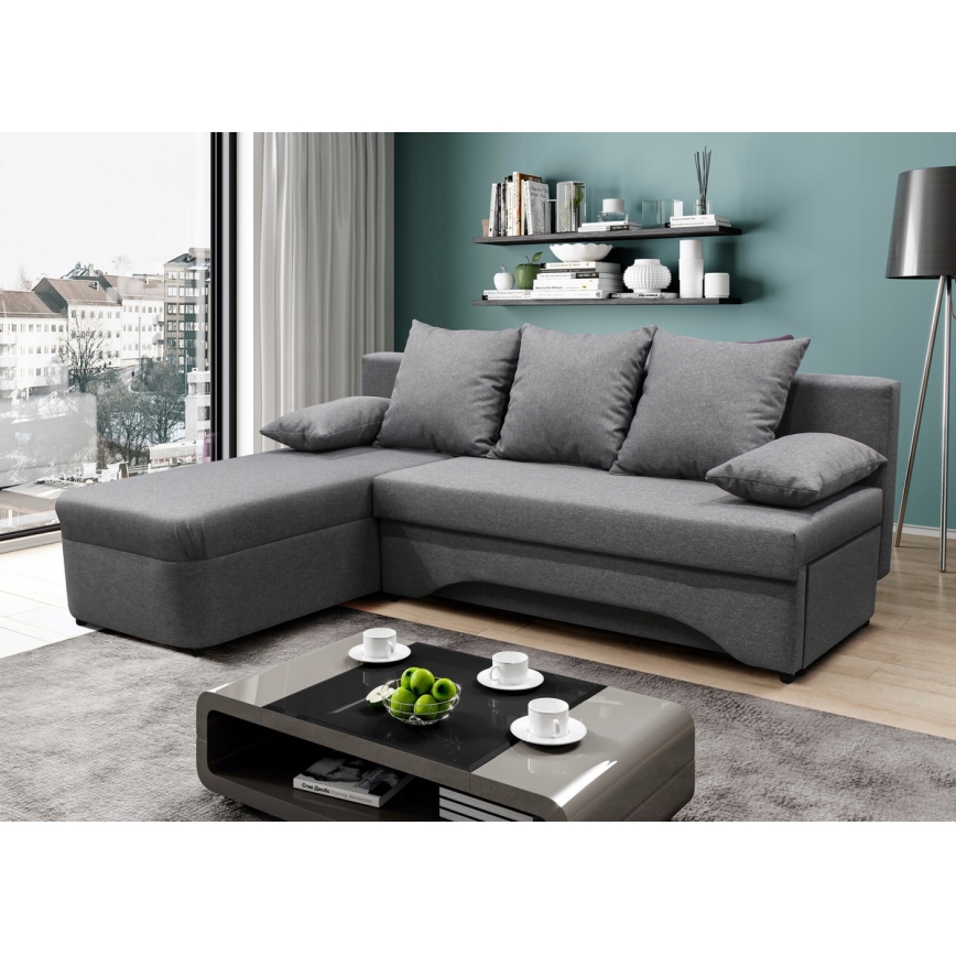 Universal sovesofa med opbevaringsplads i L-form ALMEIDA grå