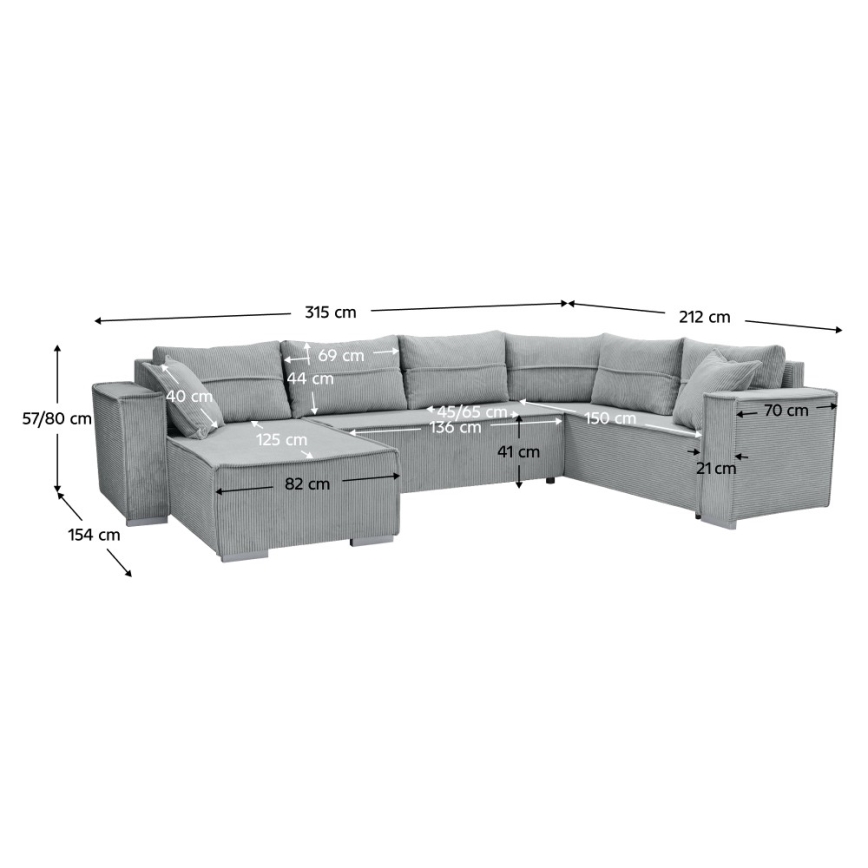 Universel hjørne-sovesofa i U-form LONDON, grå