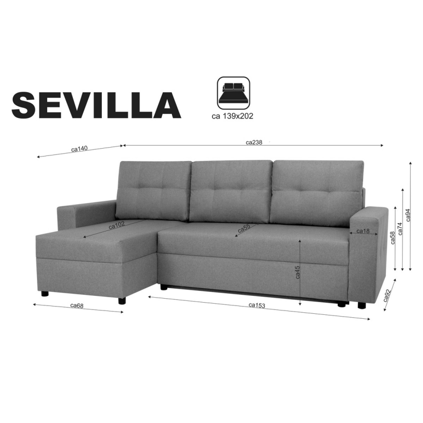 Universal hjørnesofa med sovefunktion og opbevaringsplads SEVILLA antracit