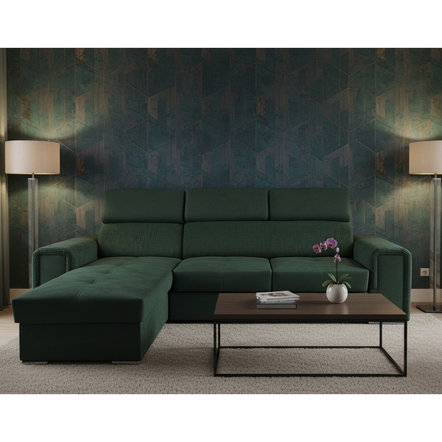 Universel L-formet hjørnesofa med sovefunktion og opbevaringsplads SALVADA grøn