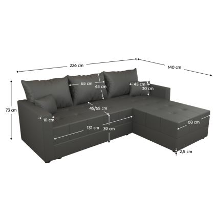 Universel L-formet udtrækbar hjørnesovesofa DUBLIN, grå