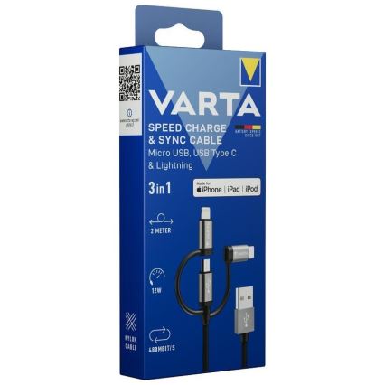 Varta 57937101111 - USB-kabel 3-i-1 med Lightning -kabel og MicroUSB 2 m